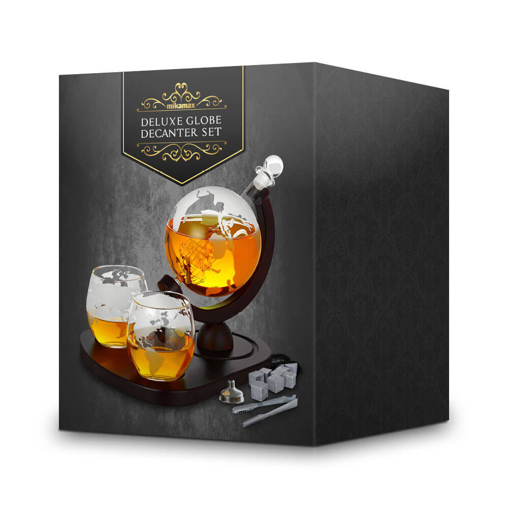Ensemble Décanteur Globe et Verres (x2) sur Socle Bois - Carafe Vin Originale CadoMaestro