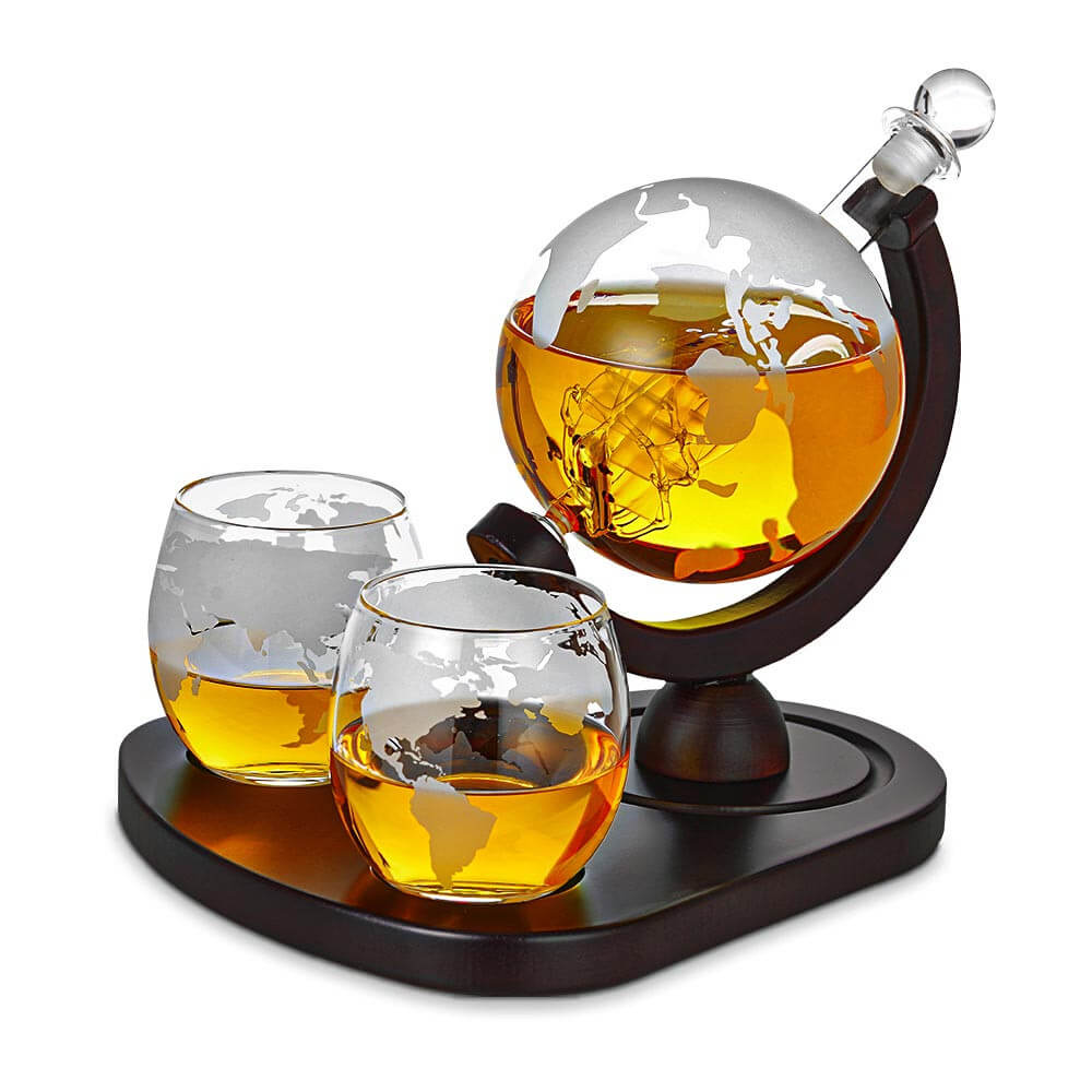 Ensemble Décanteur Globe et Verres (x2) sur Socle Bois - Carafe Vin Originale CadoMaestro