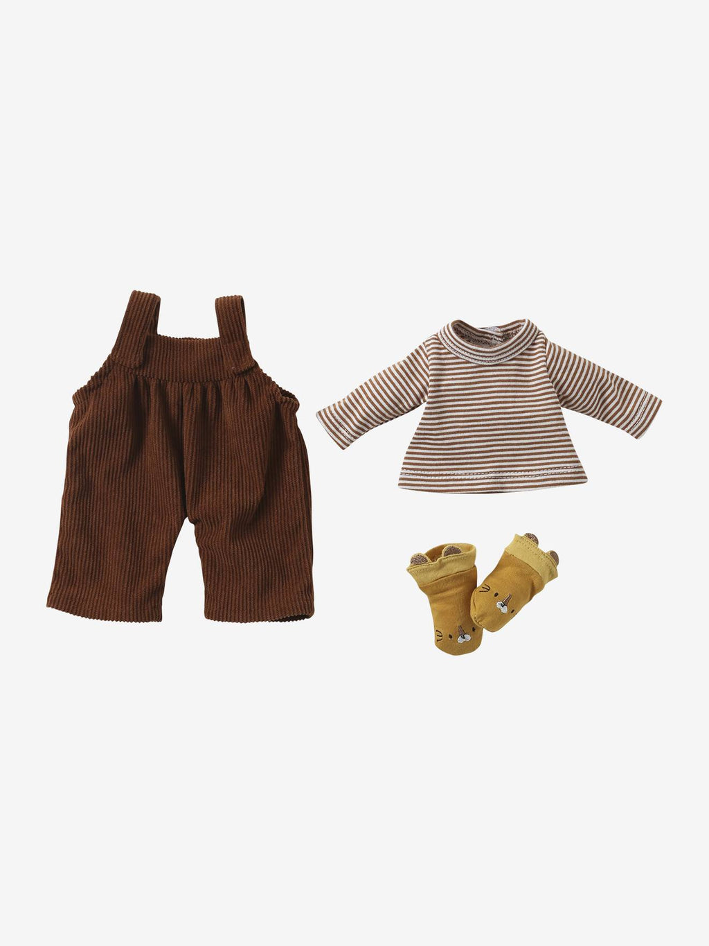 Ensemble salopette en velours + t-shirt + chaussettes pour poupon marron