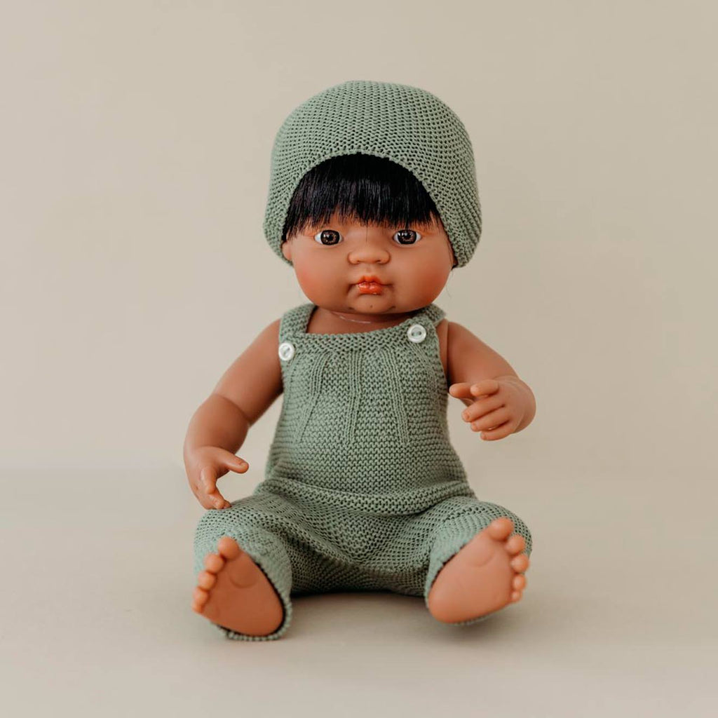 Ensemble tricoté 38cm - barboteuse et bonnet vert