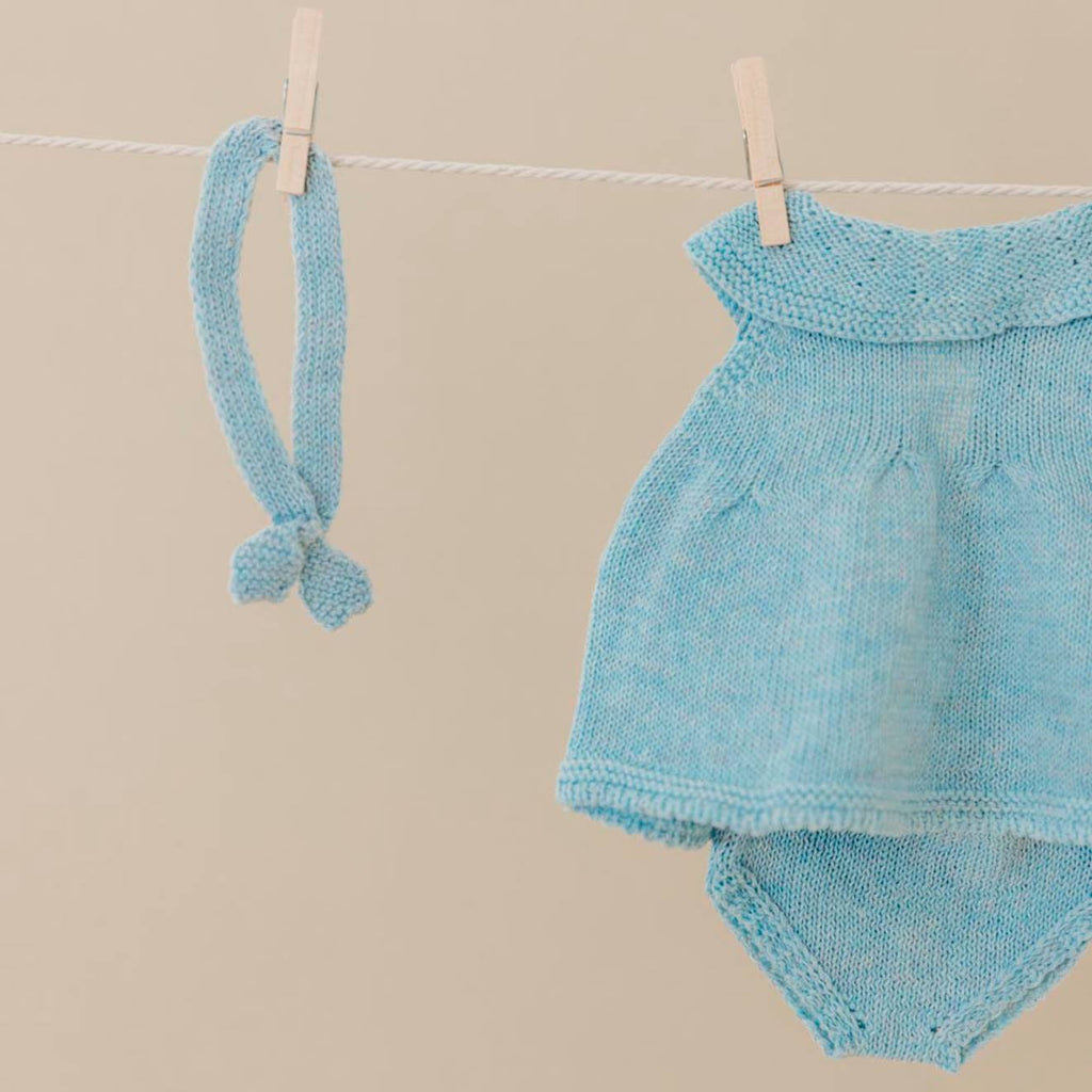Ensemble tricoté 38cm - robe et bandeau bleu