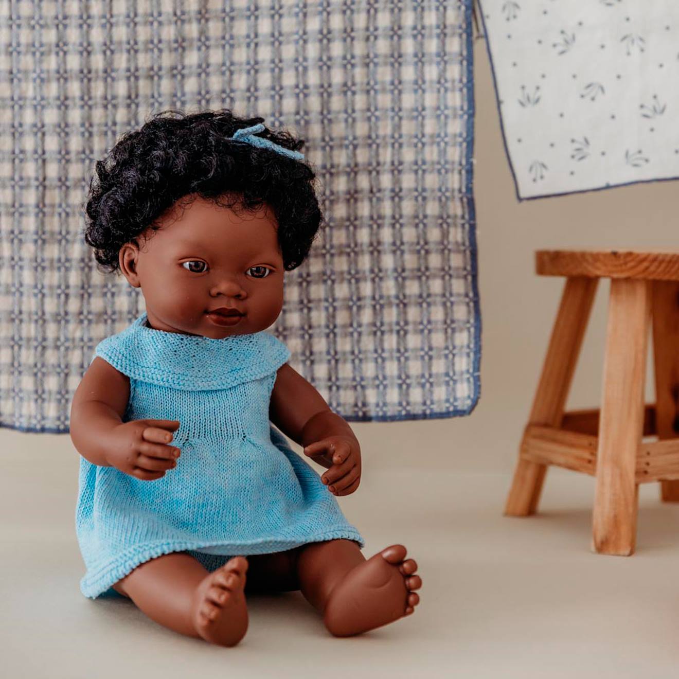 Ensemble tricoté 38cm - robe et bandeau bleu