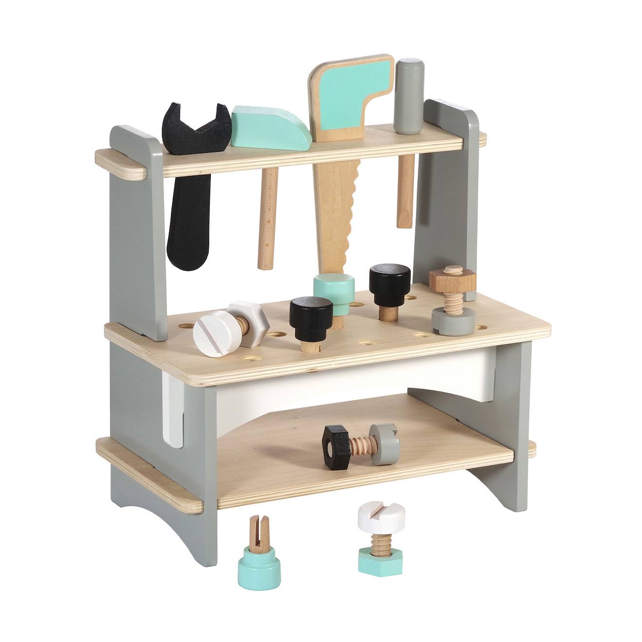 Établi de bricolage avec outils en bois multicolore