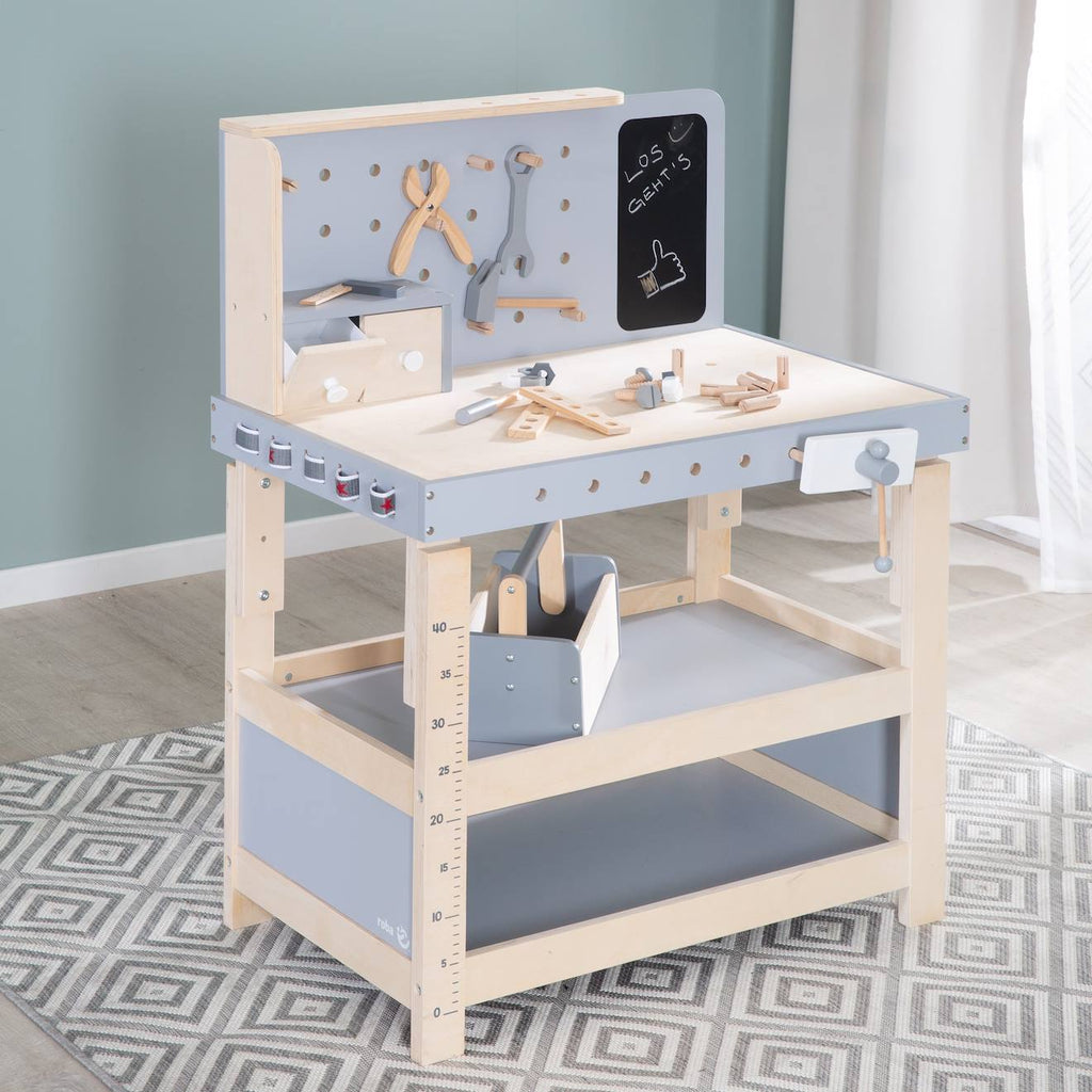 Établi enfant ajustable en hauteur + 38 accessoires naturel et gris