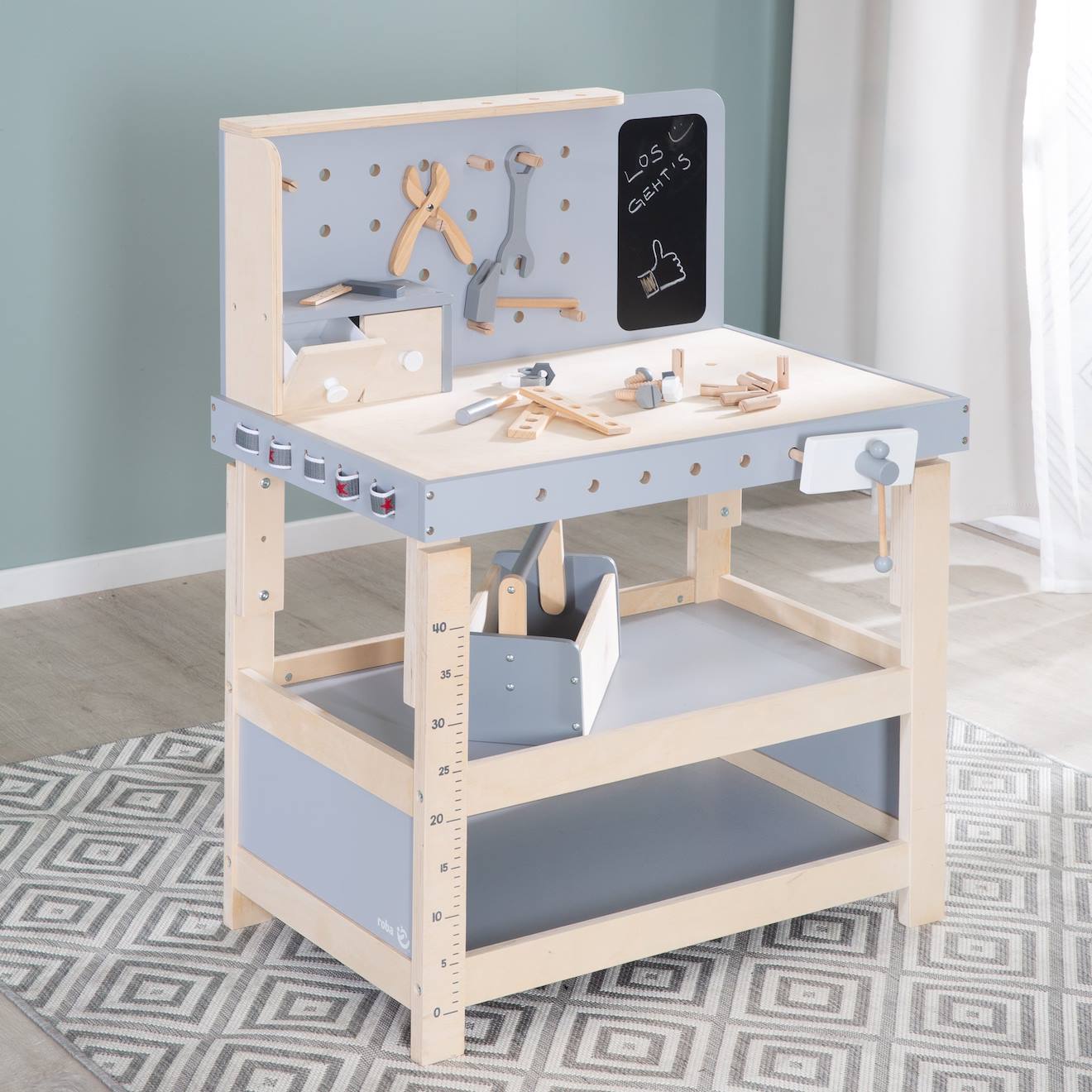 Établi enfant ajustable en hauteur + 38 accessoires naturel et gris