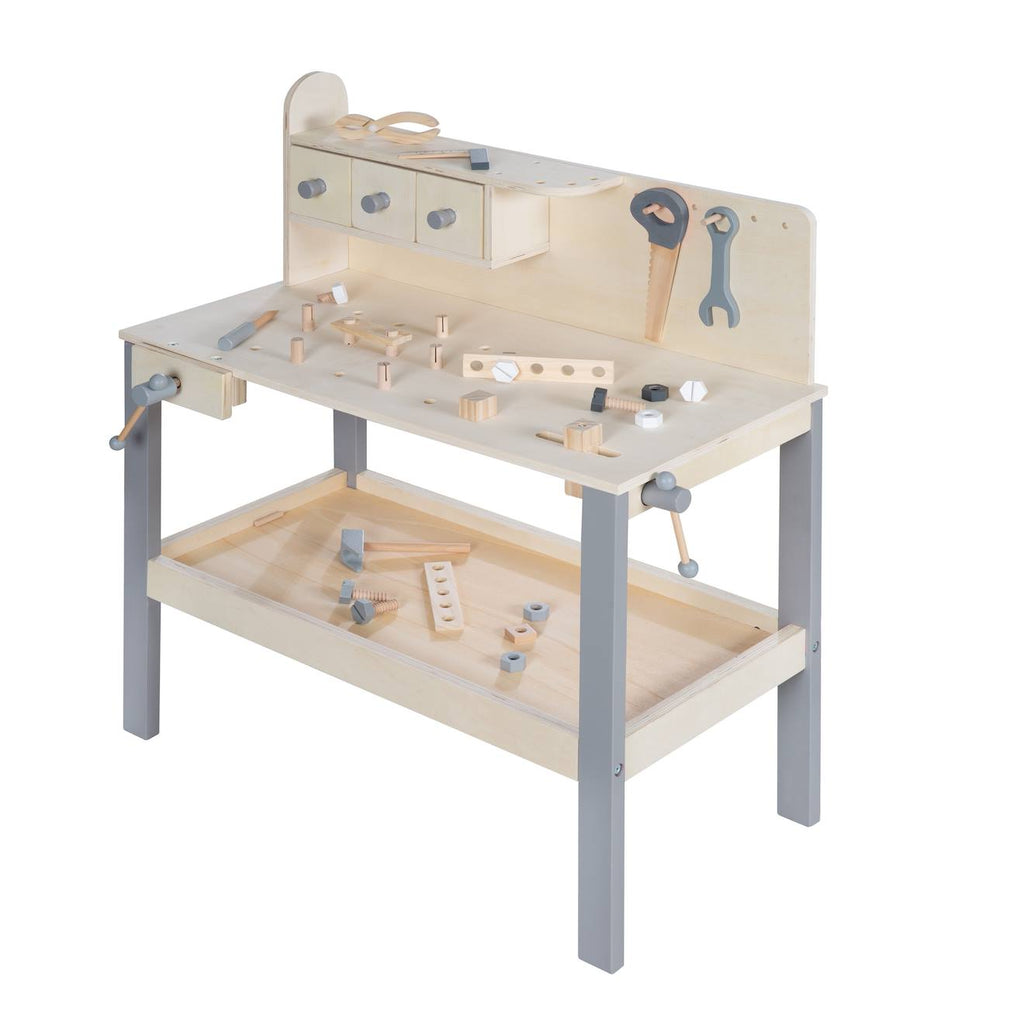 Établi enfant en bois avec accessoires de bricolage naturel et gris
