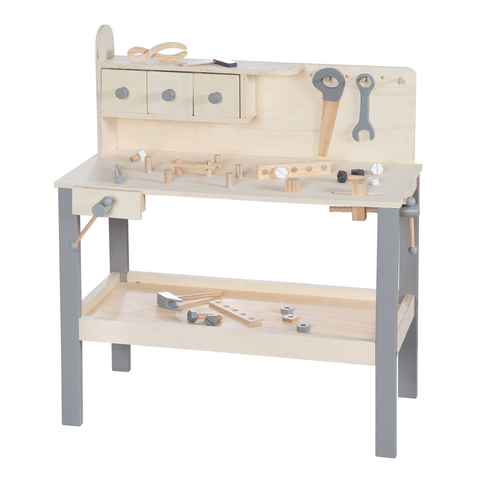 Établi enfant en bois avec accessoires de bricolage naturel et gris