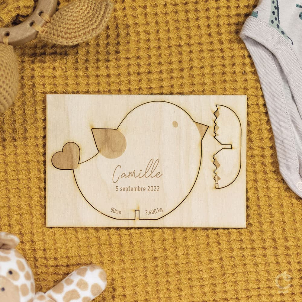 Faire-Part de Naissance en Bois Poussin à Personnaliser (x8) - Accessoires Bébé Personnalisés