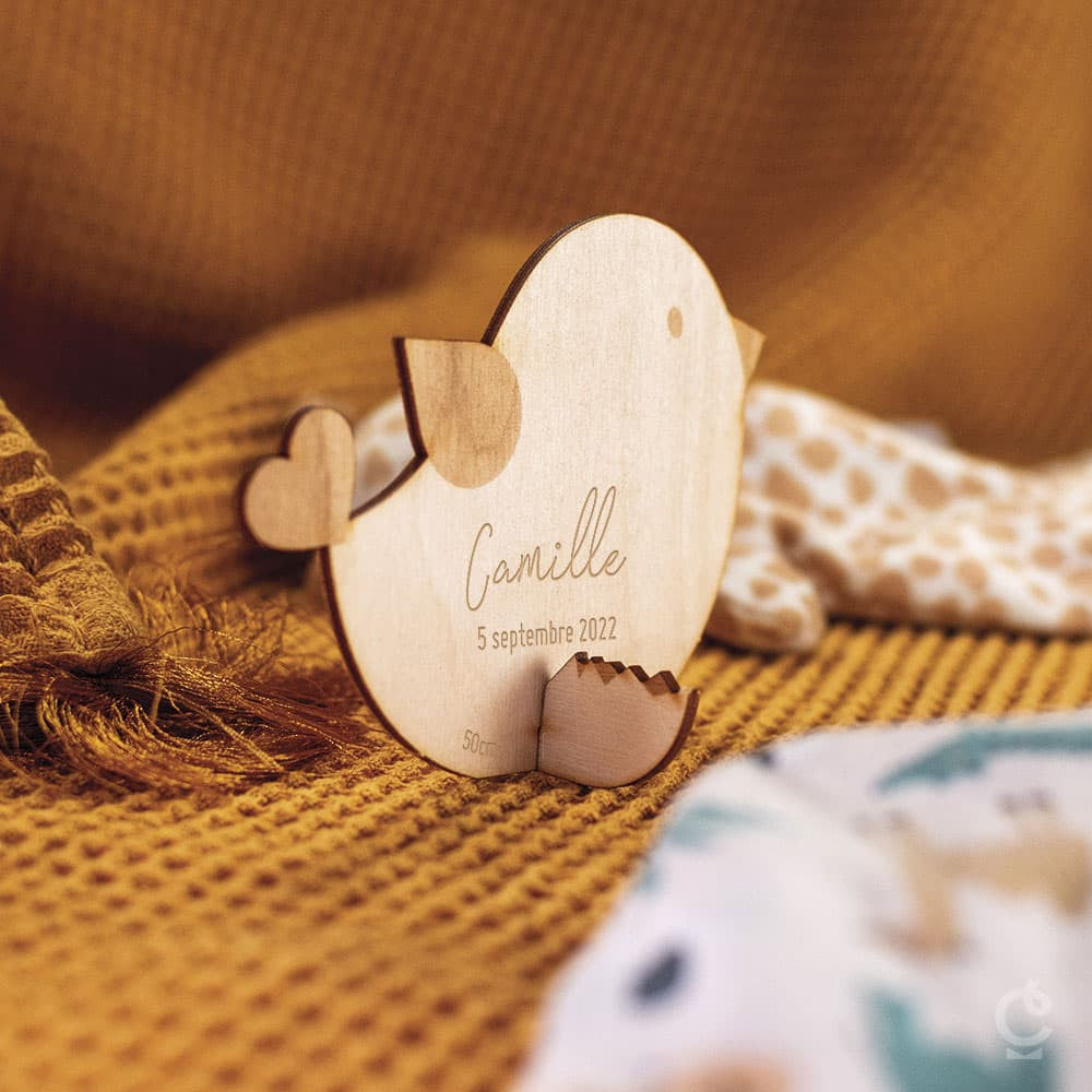 Faire-Part de Naissance en Bois Poussin à Personnaliser (x8) - Accessoires Bébé Personnalisés