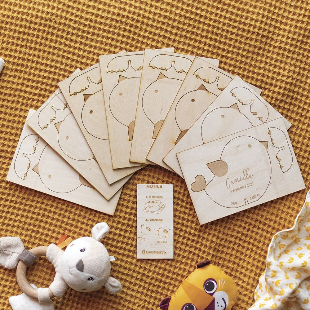 Faire-Part de Naissance en Bois Poussin à Personnaliser (x8) - Accessoires Bébé Personnalisés