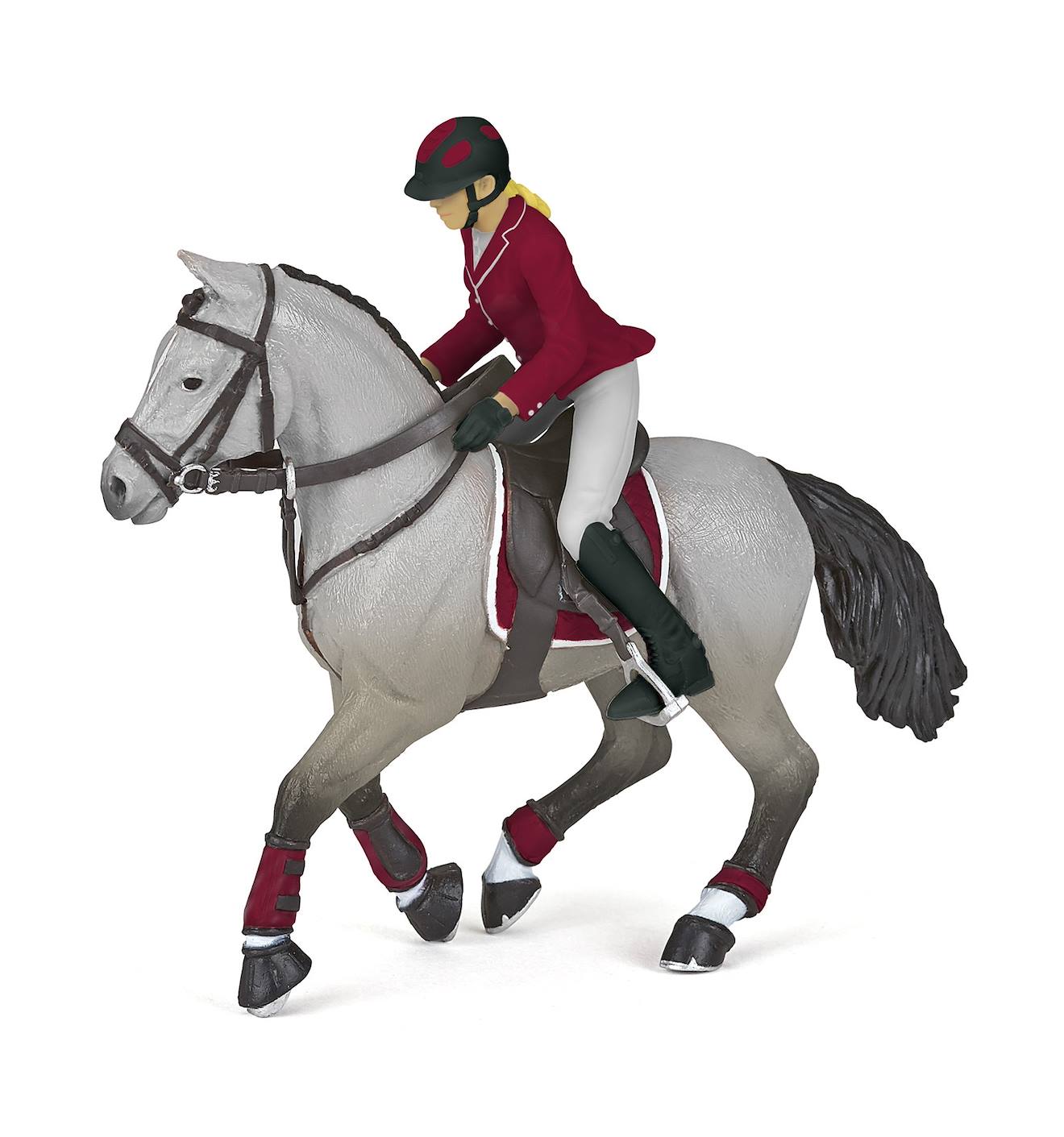 Figurine cheval de concours et sa cavalière gris
