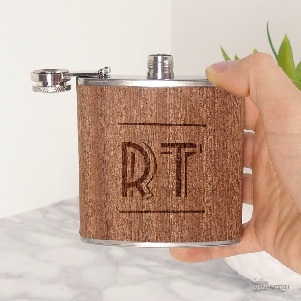 Flasque à Whisky en Bois Initiales à Personnaliser - Flasque Personnalisée CadoMaestro