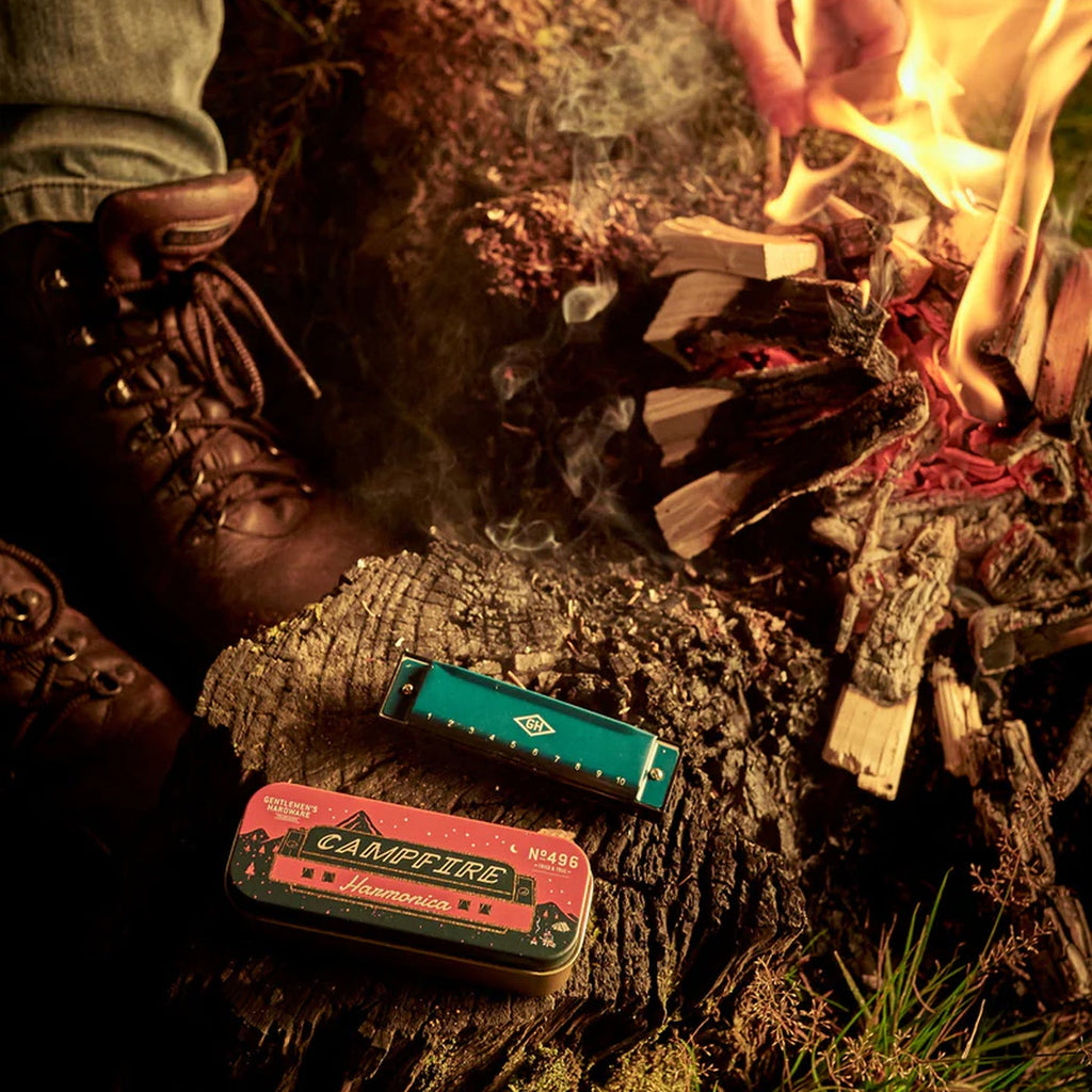 Harmonica de camping à finition métallique brillante en gros plan