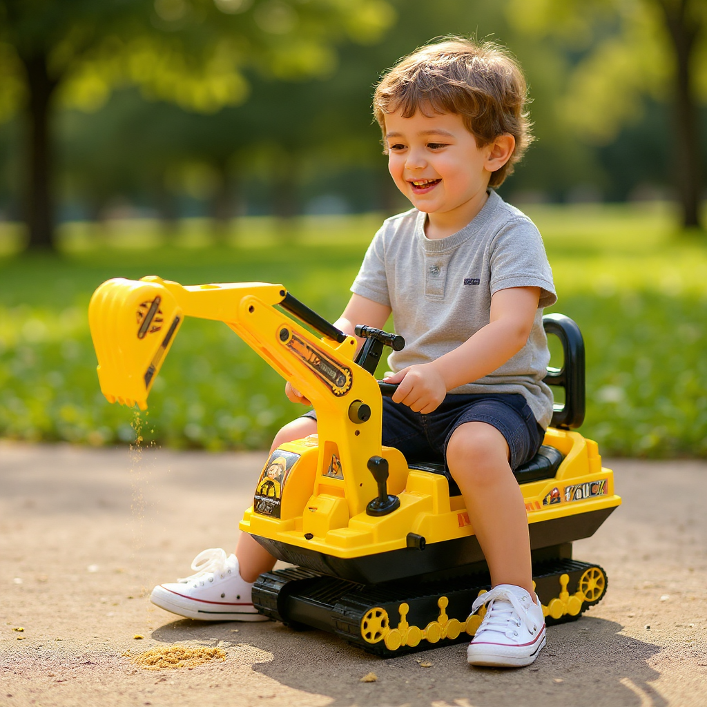 Porteur enfant tractopelle avec coffre + klaxon + pelle pivotante