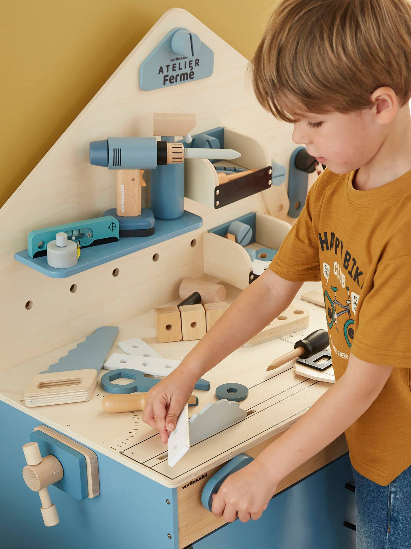 Grand établi de bricolage en bois FSC et métal bleu