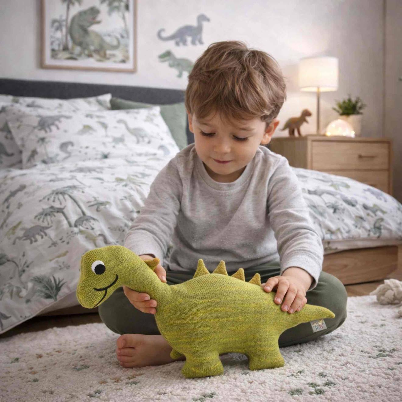 Grande peluche dinosaure en coton tricoté vert
