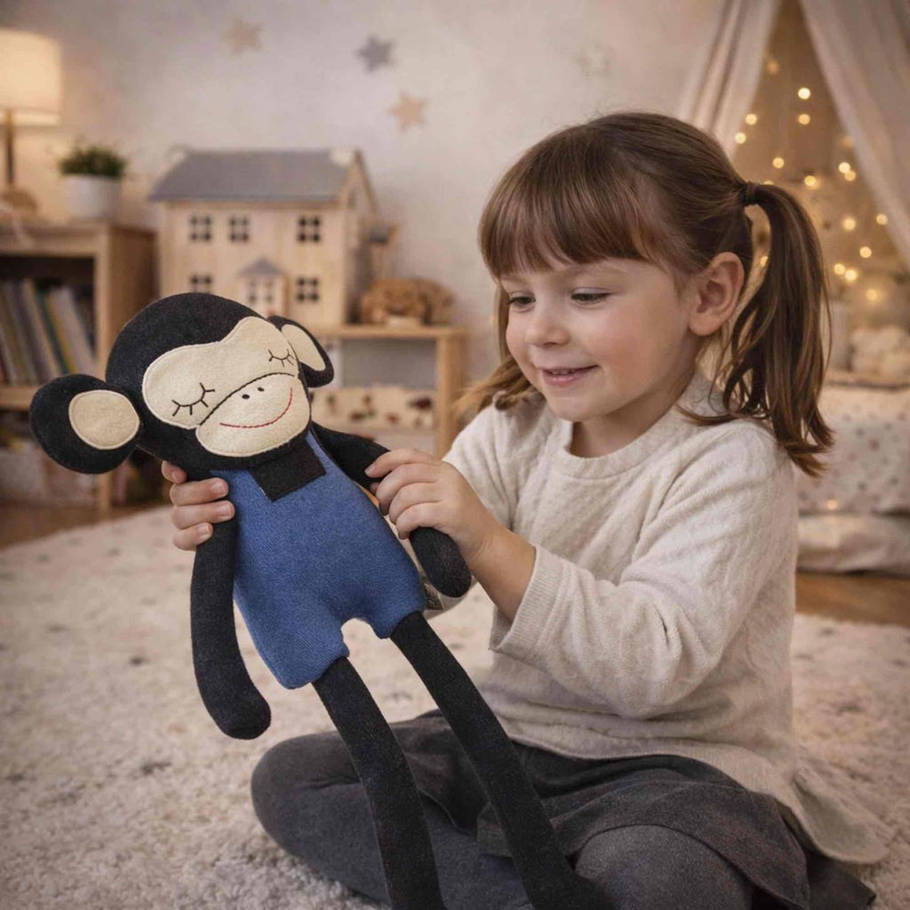 Grande peluche singe en coton tricoté bleu