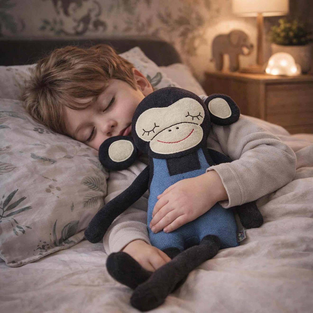 Grande peluche singe en coton tricoté bleu