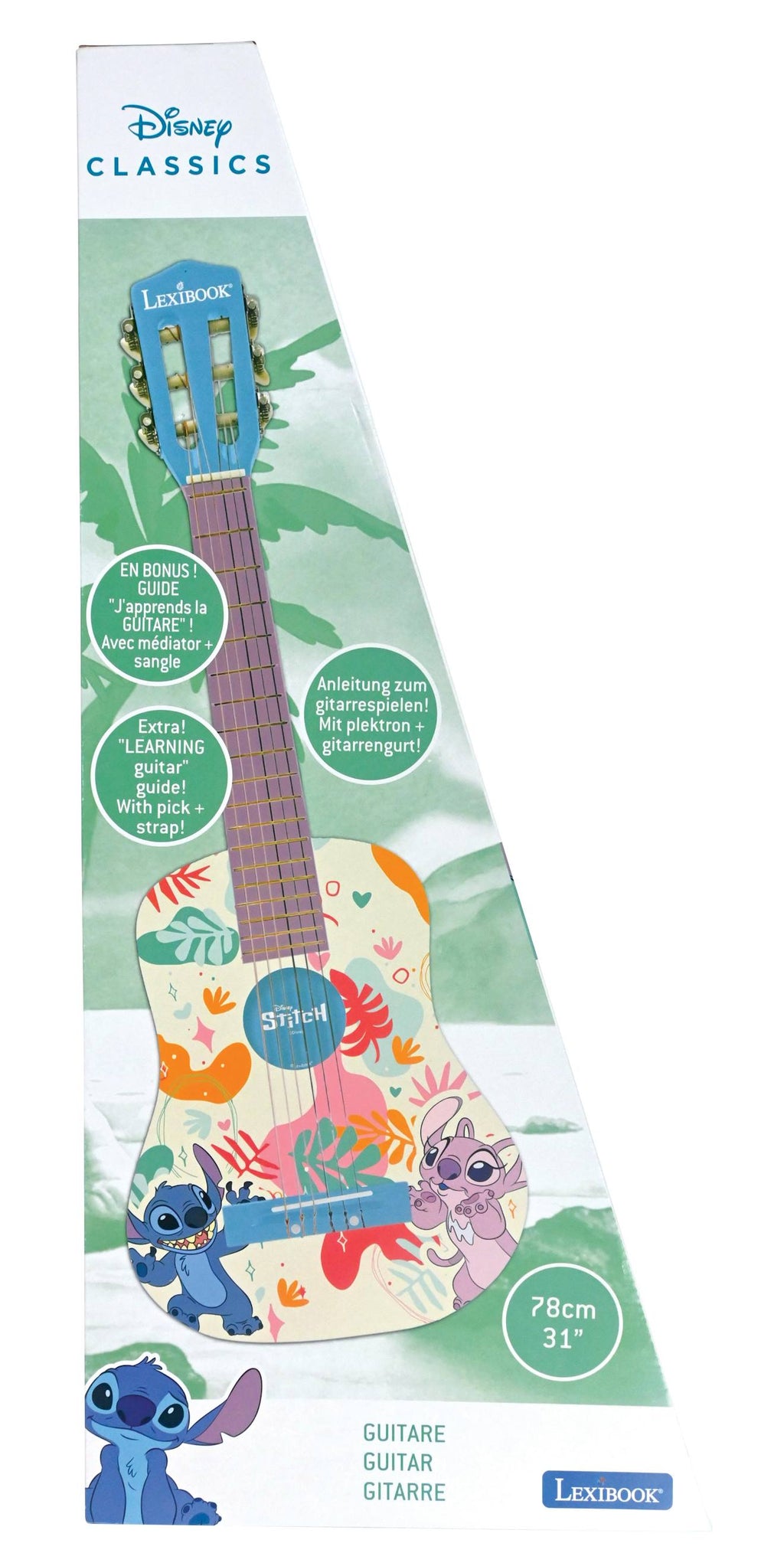 Guitare acoustique Stitch - 6 cordes nylon, 78 cm, guide apprentissage, médiator, sangle violet