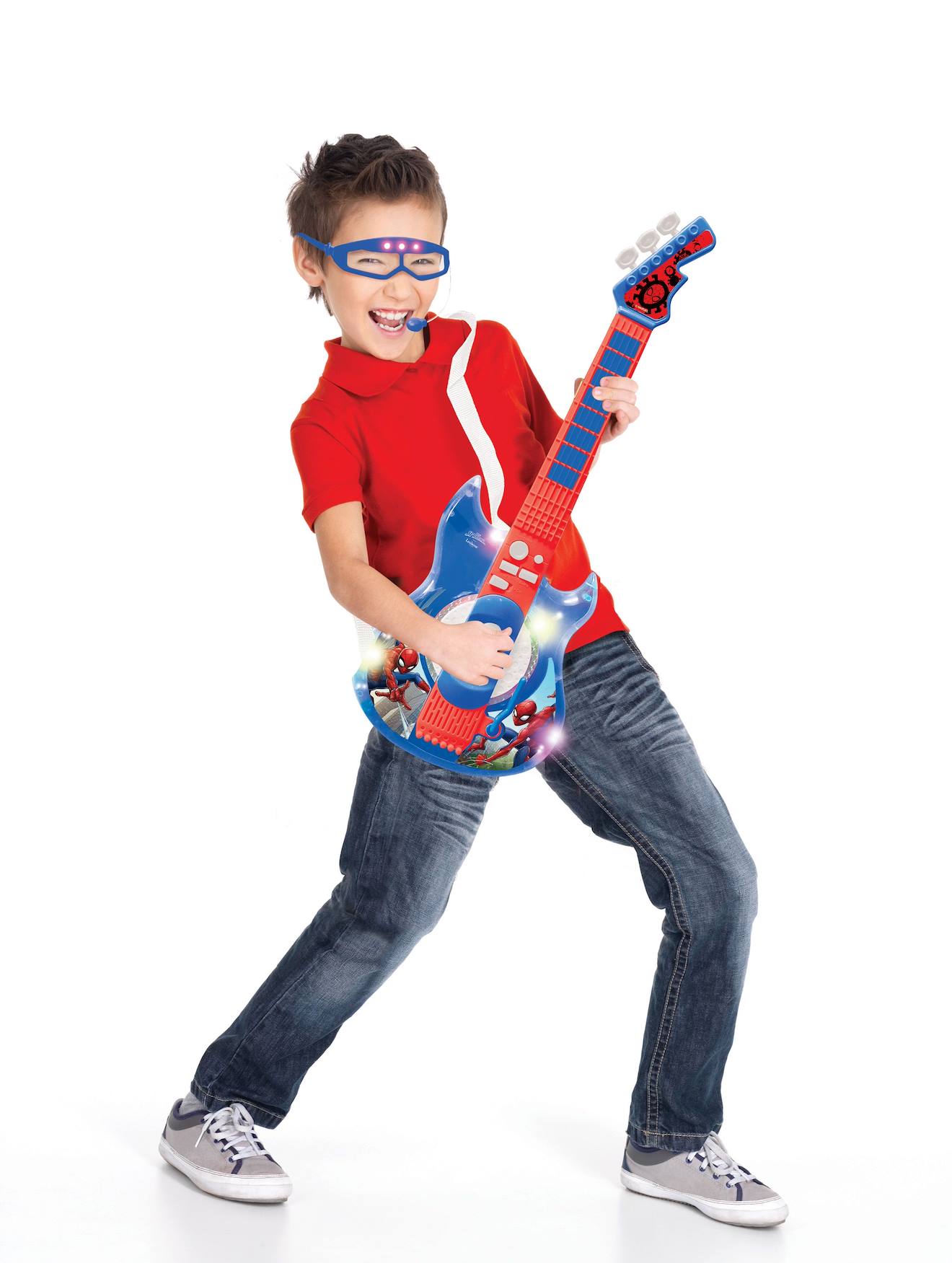 Guitare électronique lumineuse avec lunettes et micro Spider-Man bleu