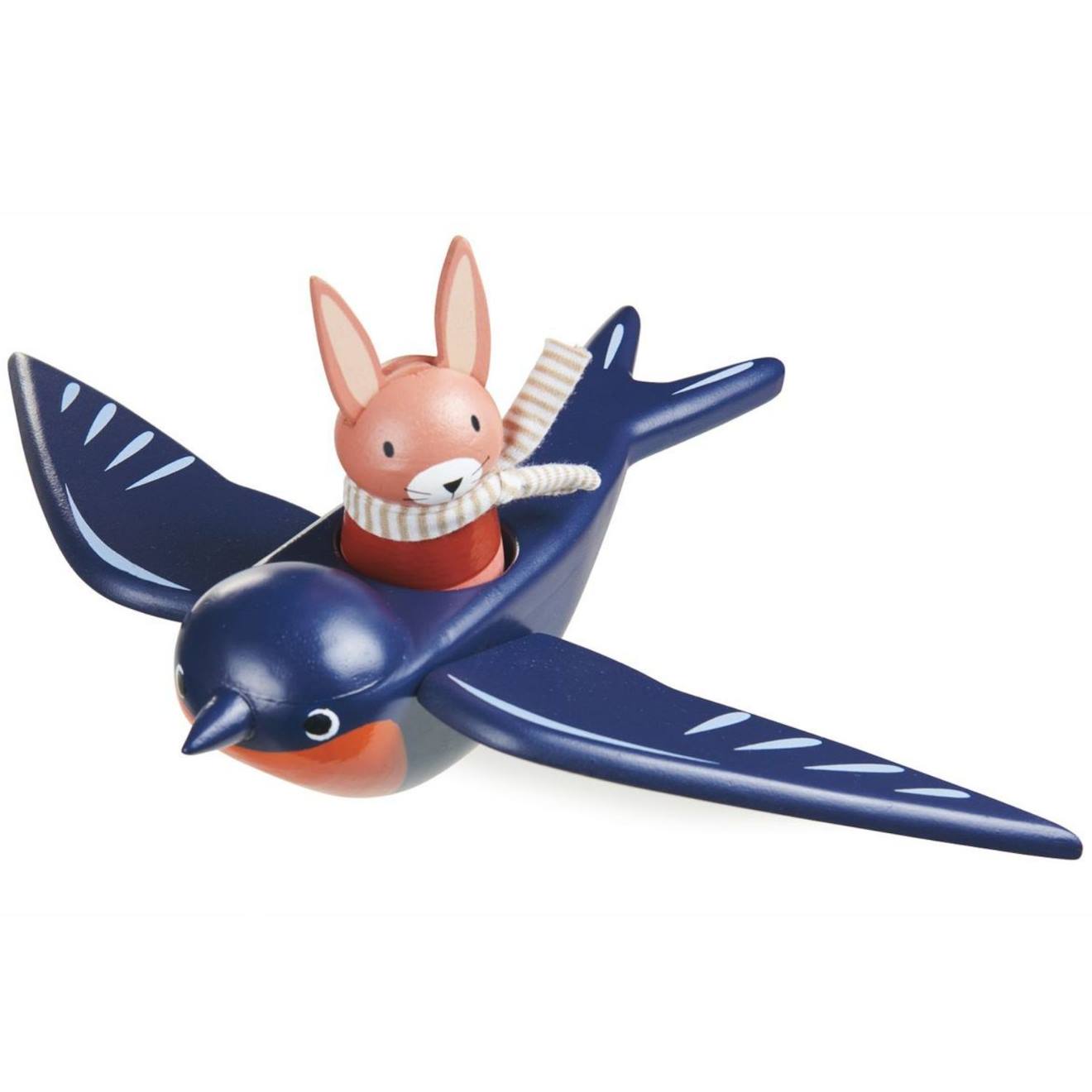 Hirondelle et son ami lapin en bois bleu, rouge, rose