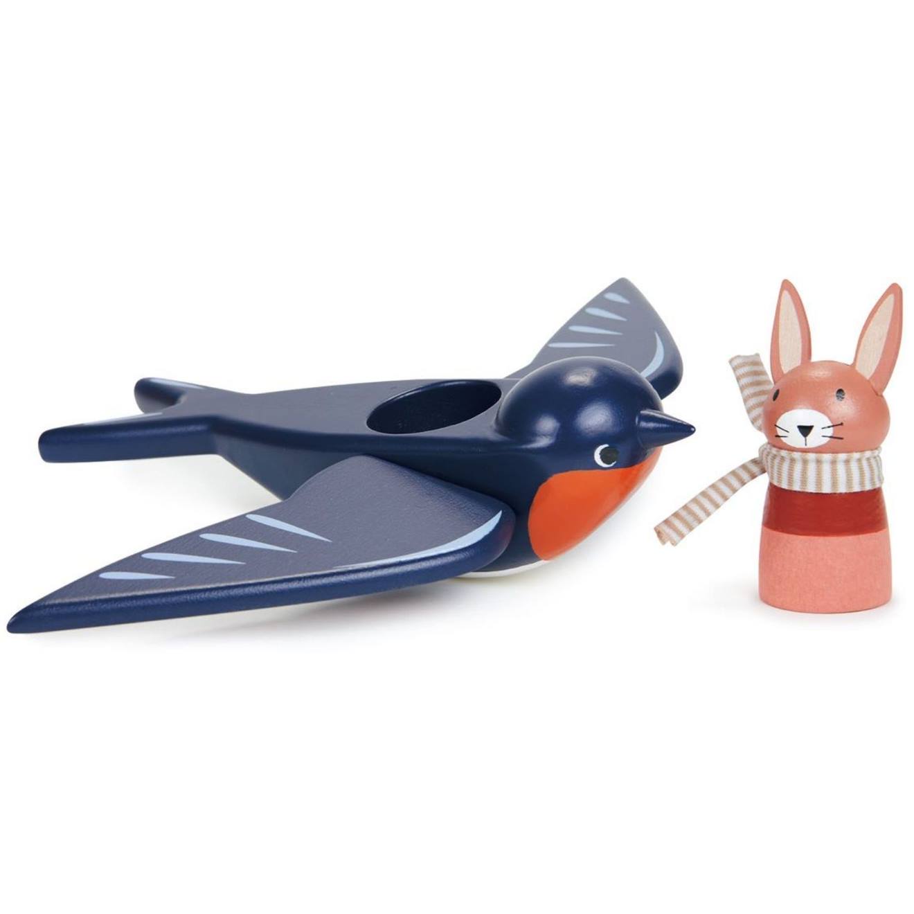 Hirondelle et son ami lapin en bois bleu, rouge, rose