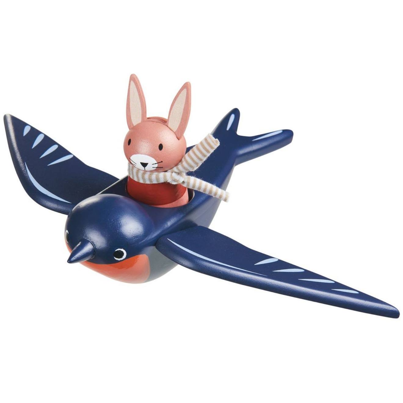 Hirondelle et son ami lapin en bois bleu, rouge, rose