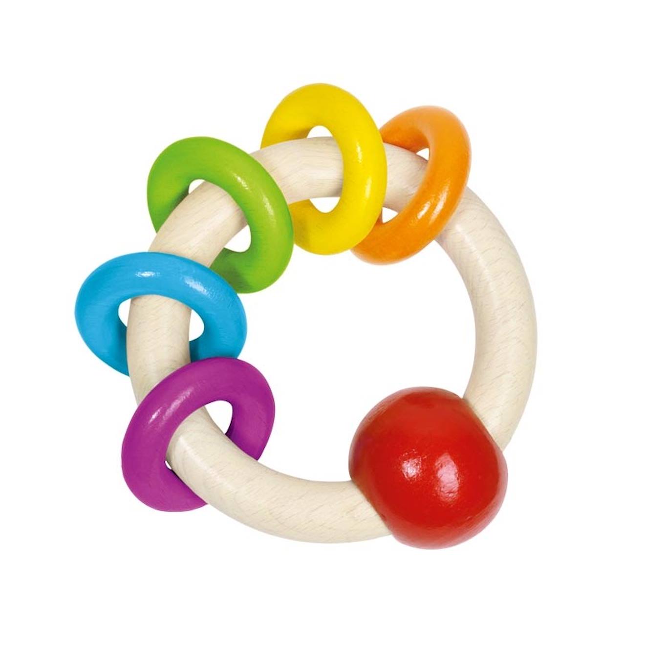 Hochet avec 5 anneaux arc-en-ciel beige