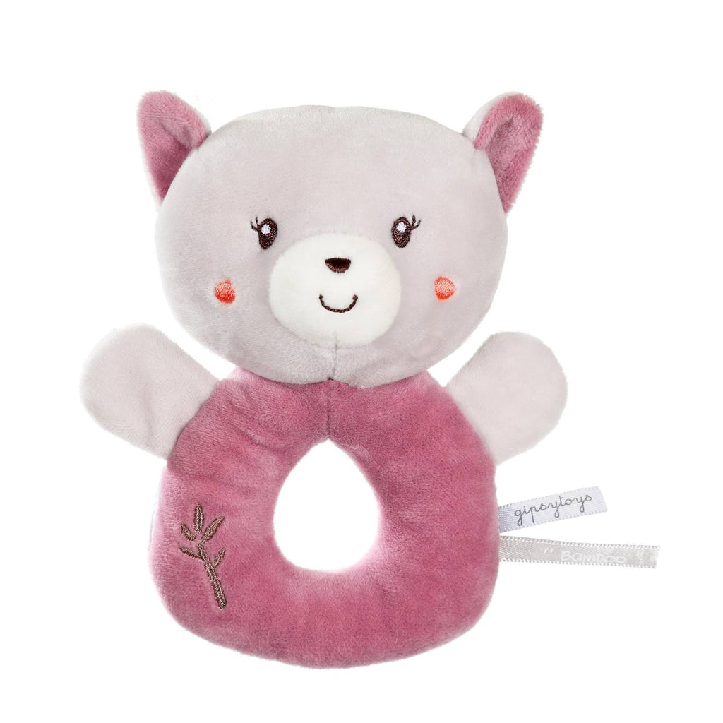 Hochet bebe bamboo - chat - 14 cm s/carte rose