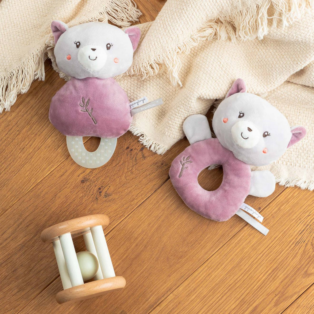 Hochet bebe bamboo - chat - 14 cm s/carte rose