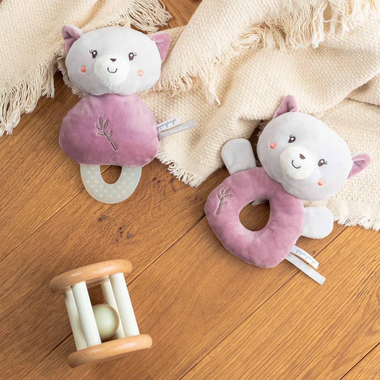 Hochet bebe bamboo - chat - 14 cm s/carte rose