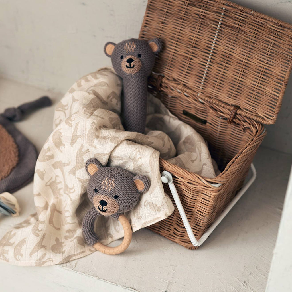 Hochet bébé en coton gris, marron