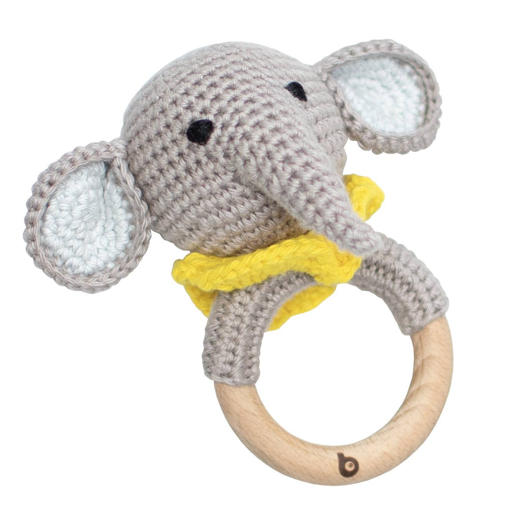 Hochet coton tricot bois naturel éléphant