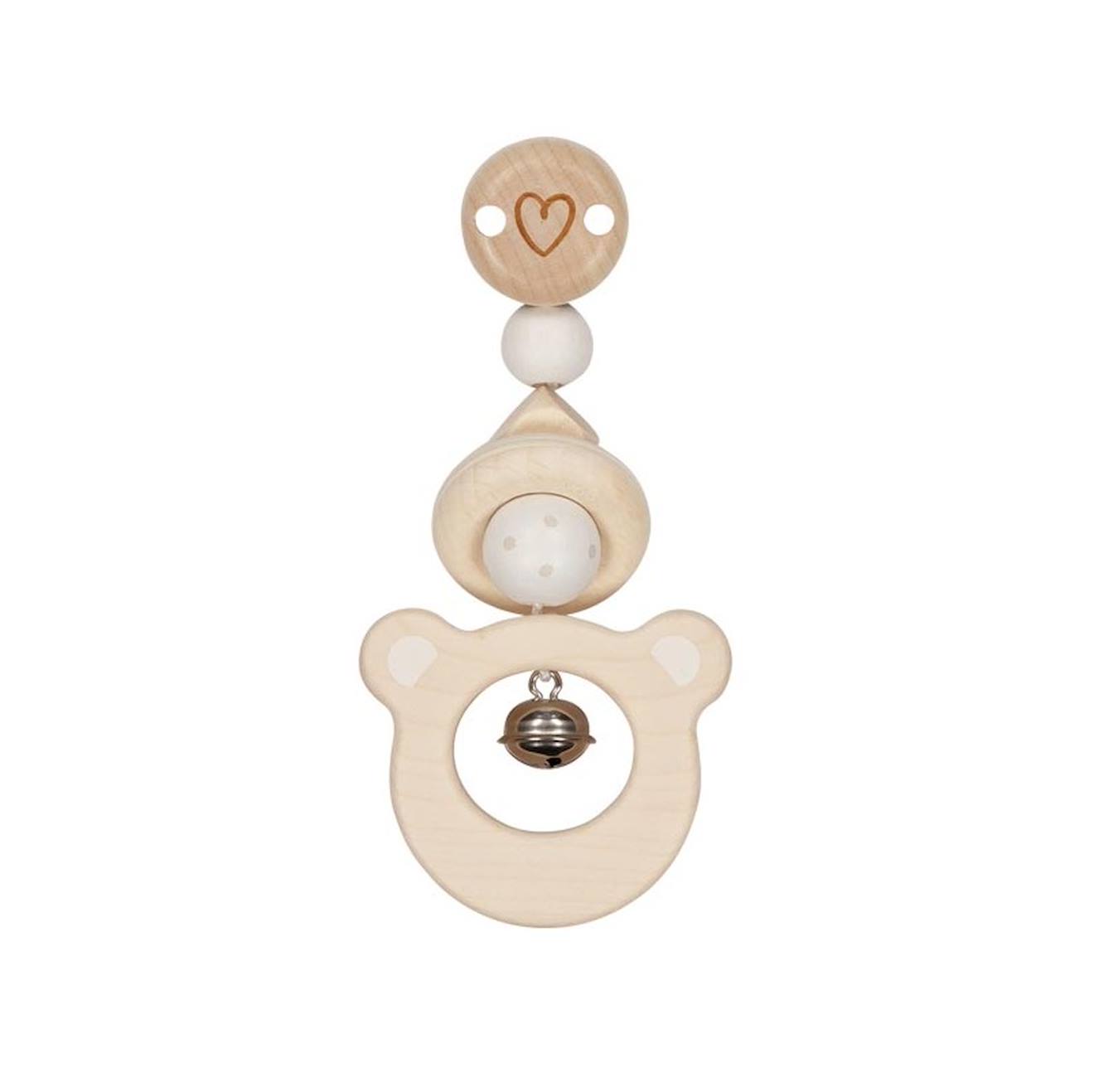 Hochet en bois avec clip ours beige