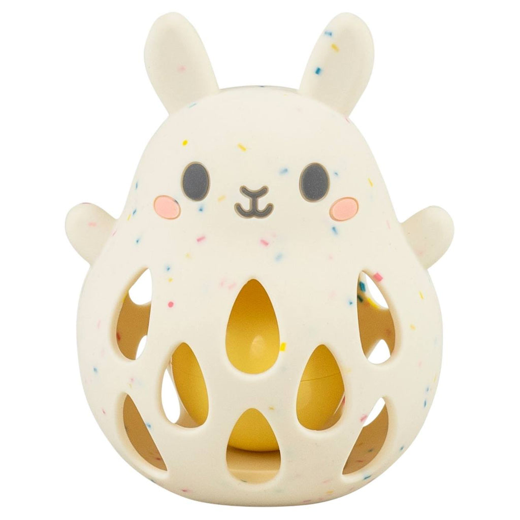 Hochet lapin en silicone ecru, rose, jaune