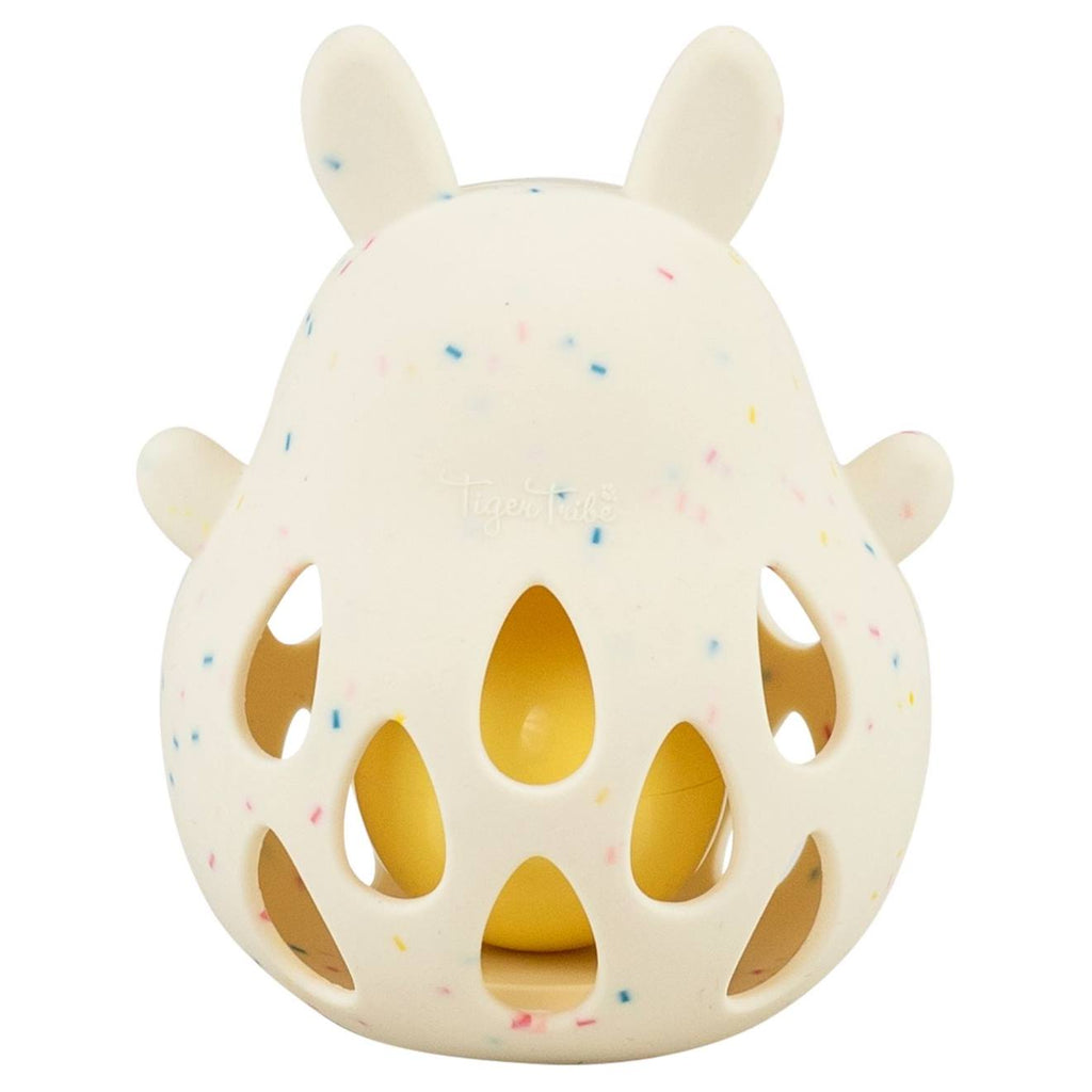 Hochet lapin en silicone ecru, rose, jaune