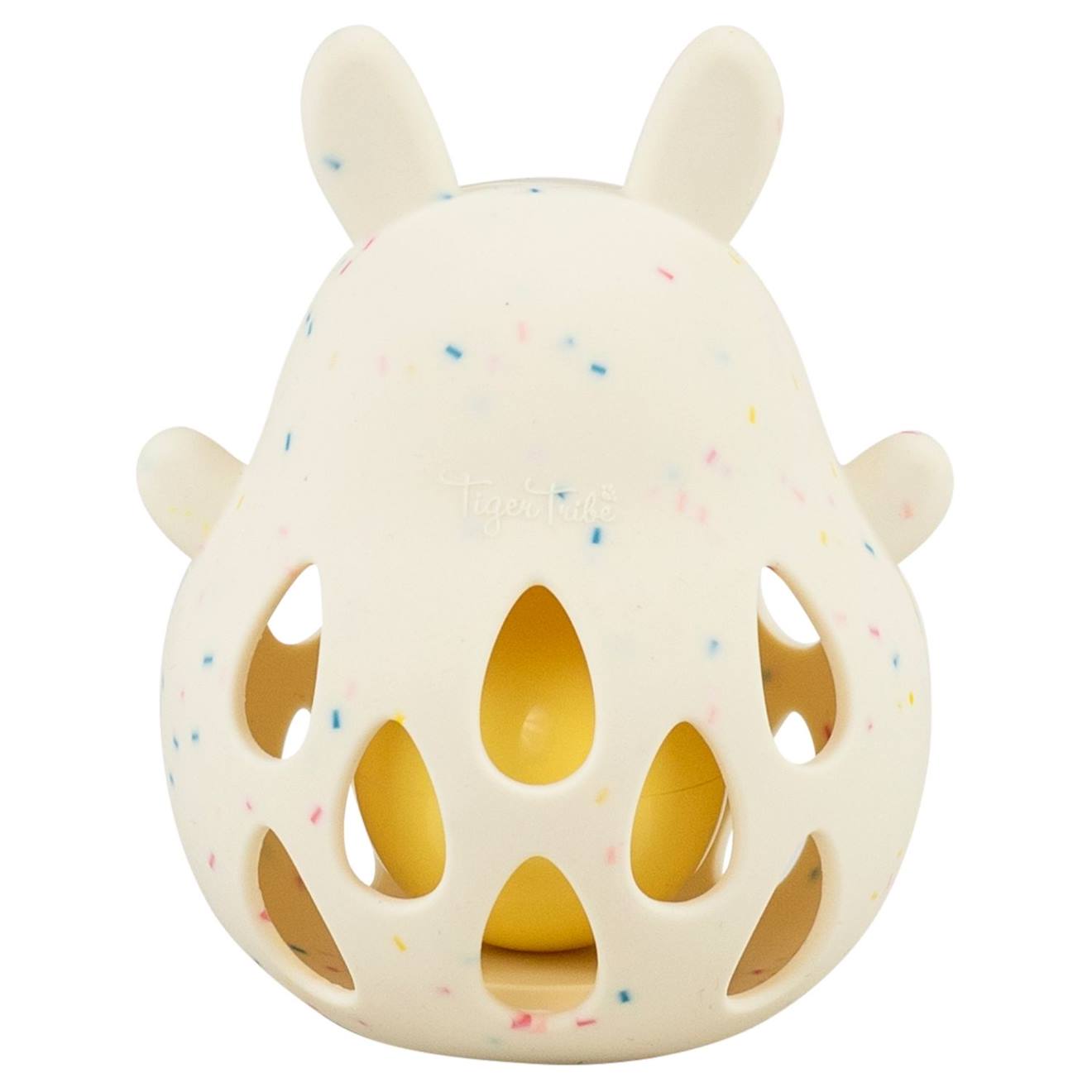 Hochet lapin en silicone ecru, rose, jaune