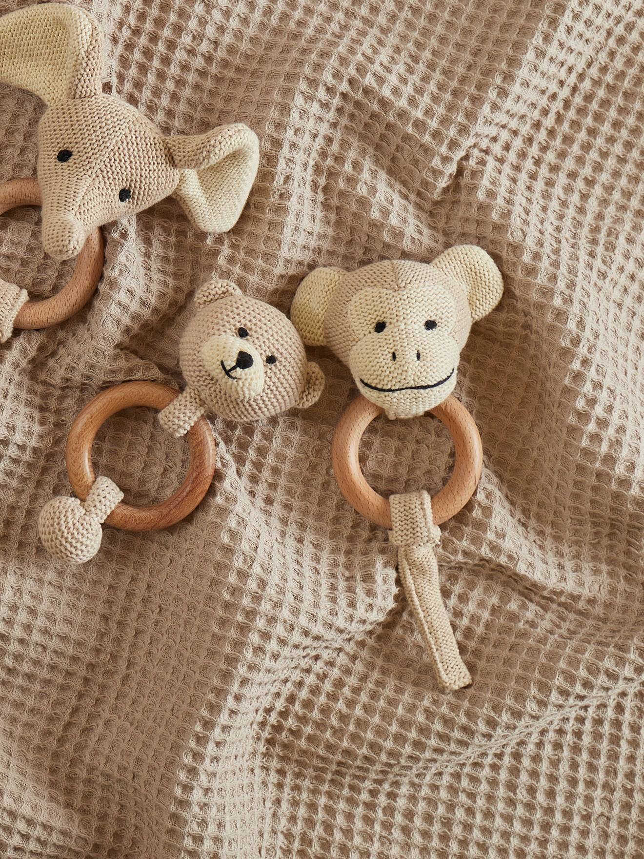 Hochet peluche faon ella, anneau dentition bois singe