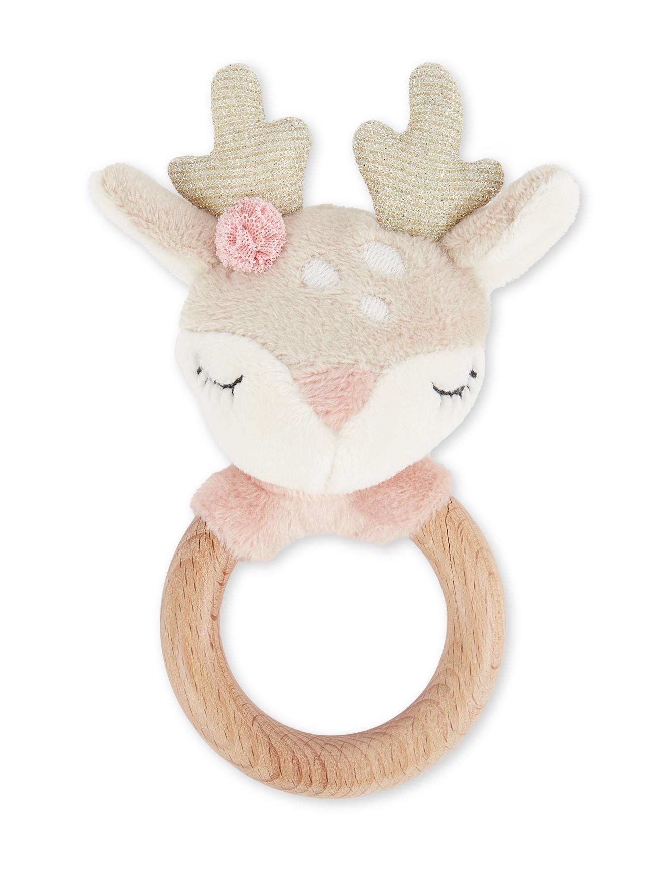 Hochet peluche faon ella, anneau dentition bois faon ella