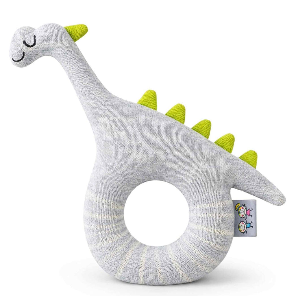 Hochet tricoté en coton bio gris, dino