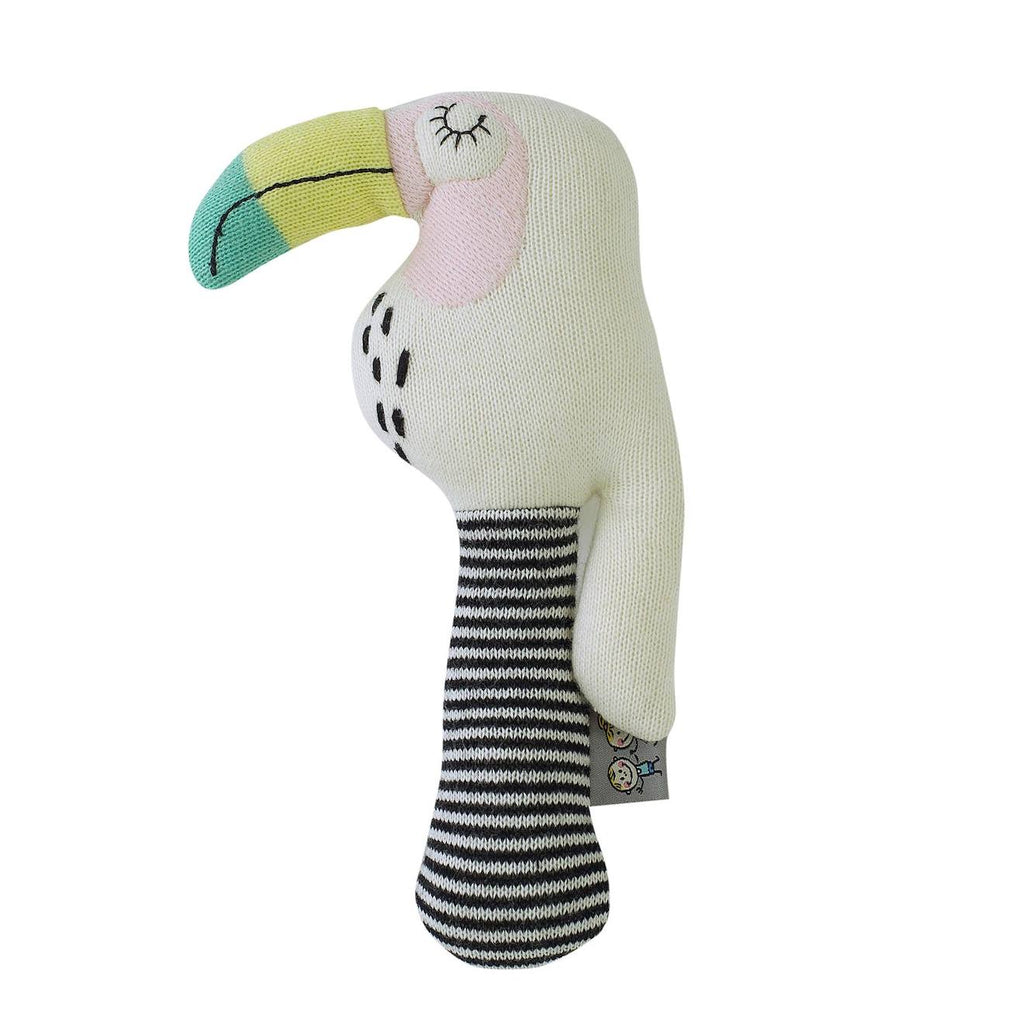 Hochet tricoté en coton bio multicolore, toucan