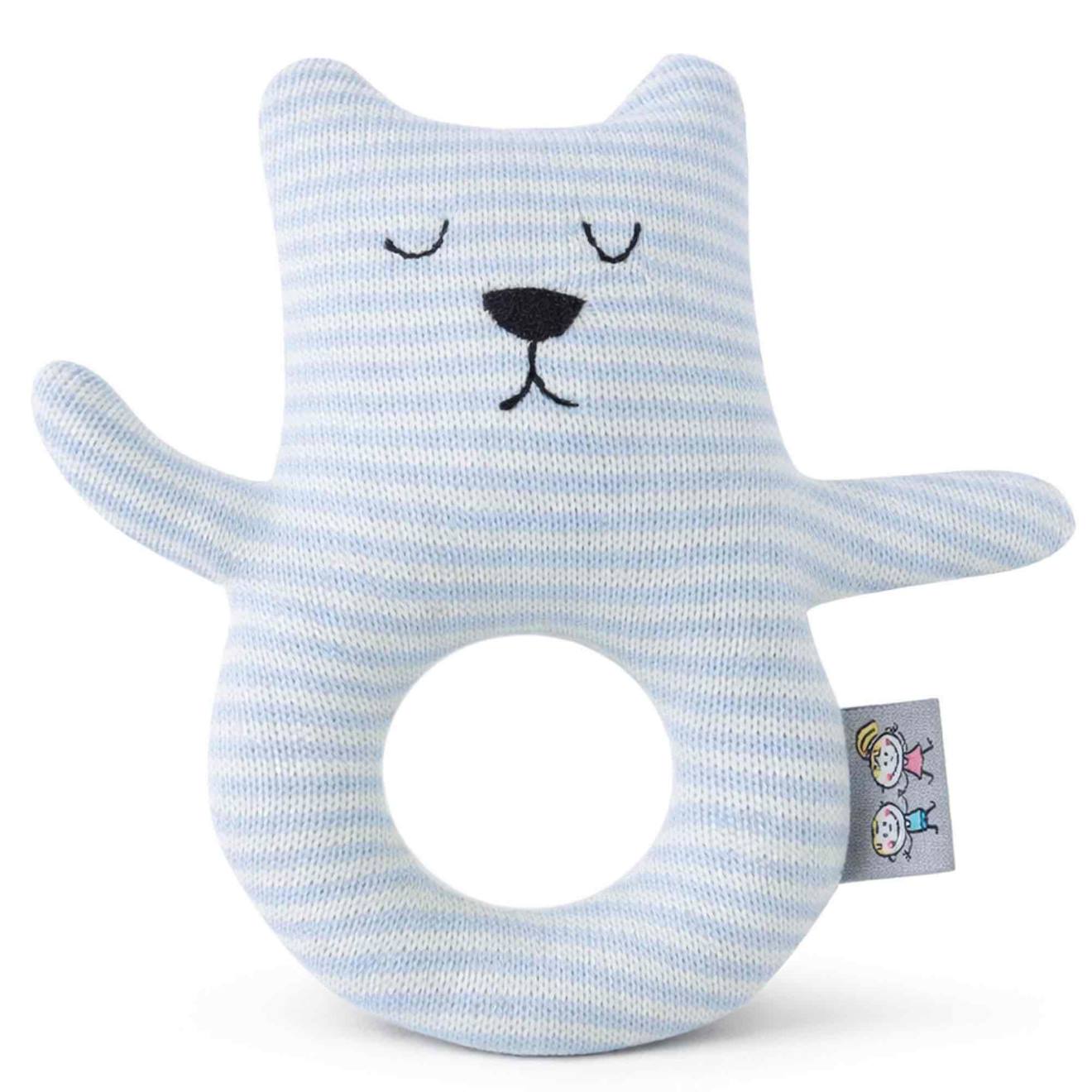 Hochet tricoté en coton bio bleu, ourson