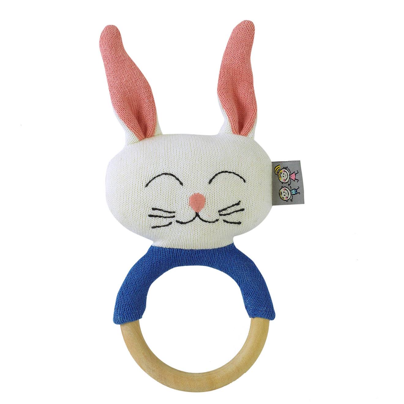 Hochet tricoté en coton bio multicolore, lapin