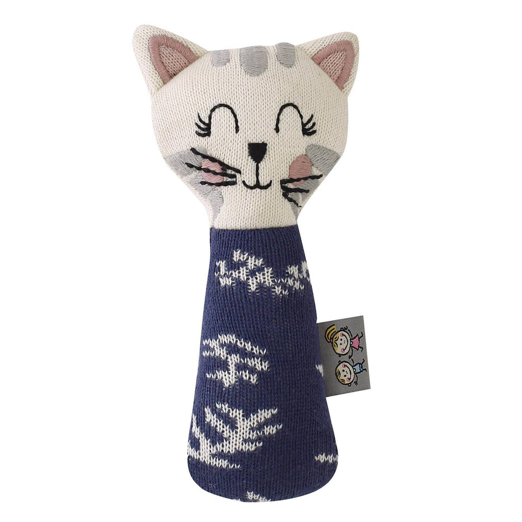 Hochet tricoté en coton bio bleu
