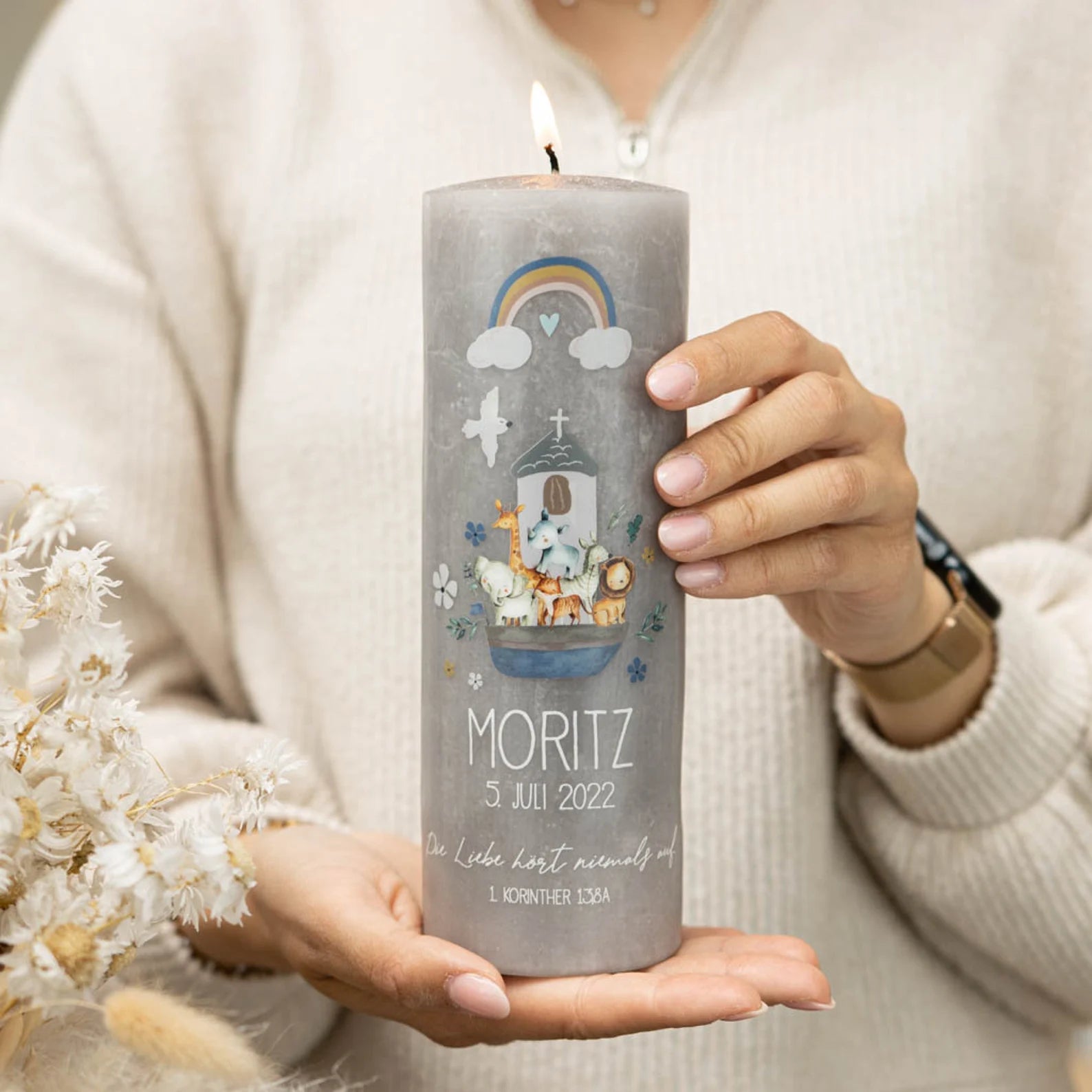 Bougie de baptême Arche de Noé personnalisée