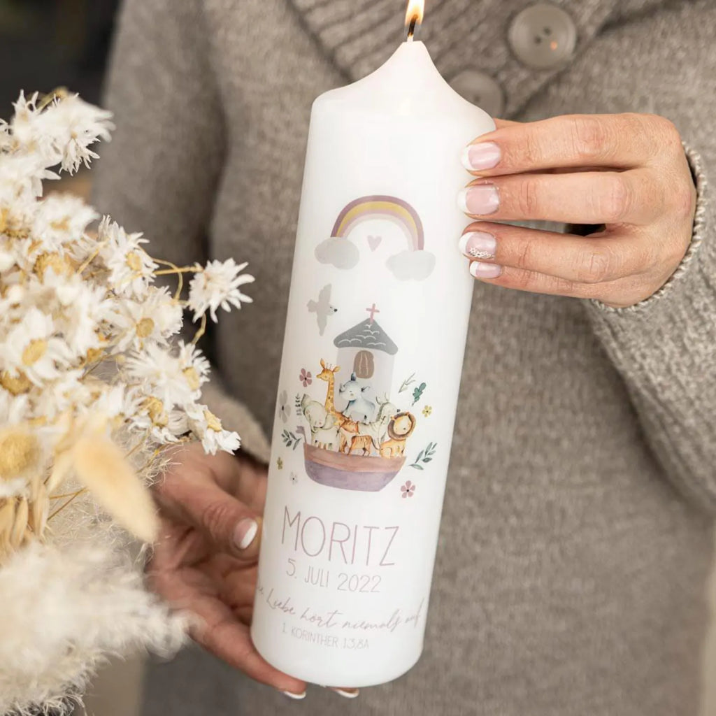 Bougie de baptême Arche de Noé personnalisée