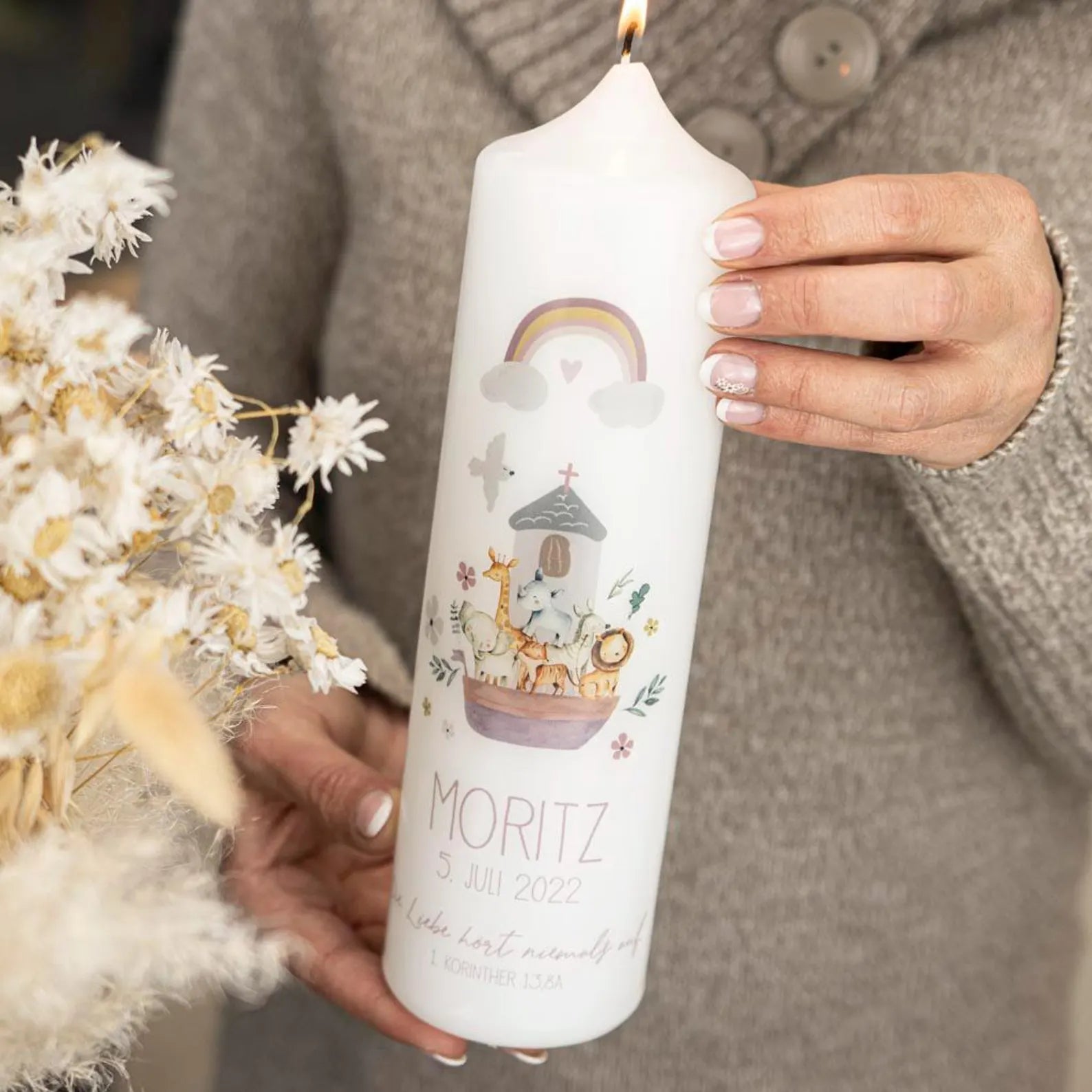 Bougie de baptême Arche de Noé personnalisée