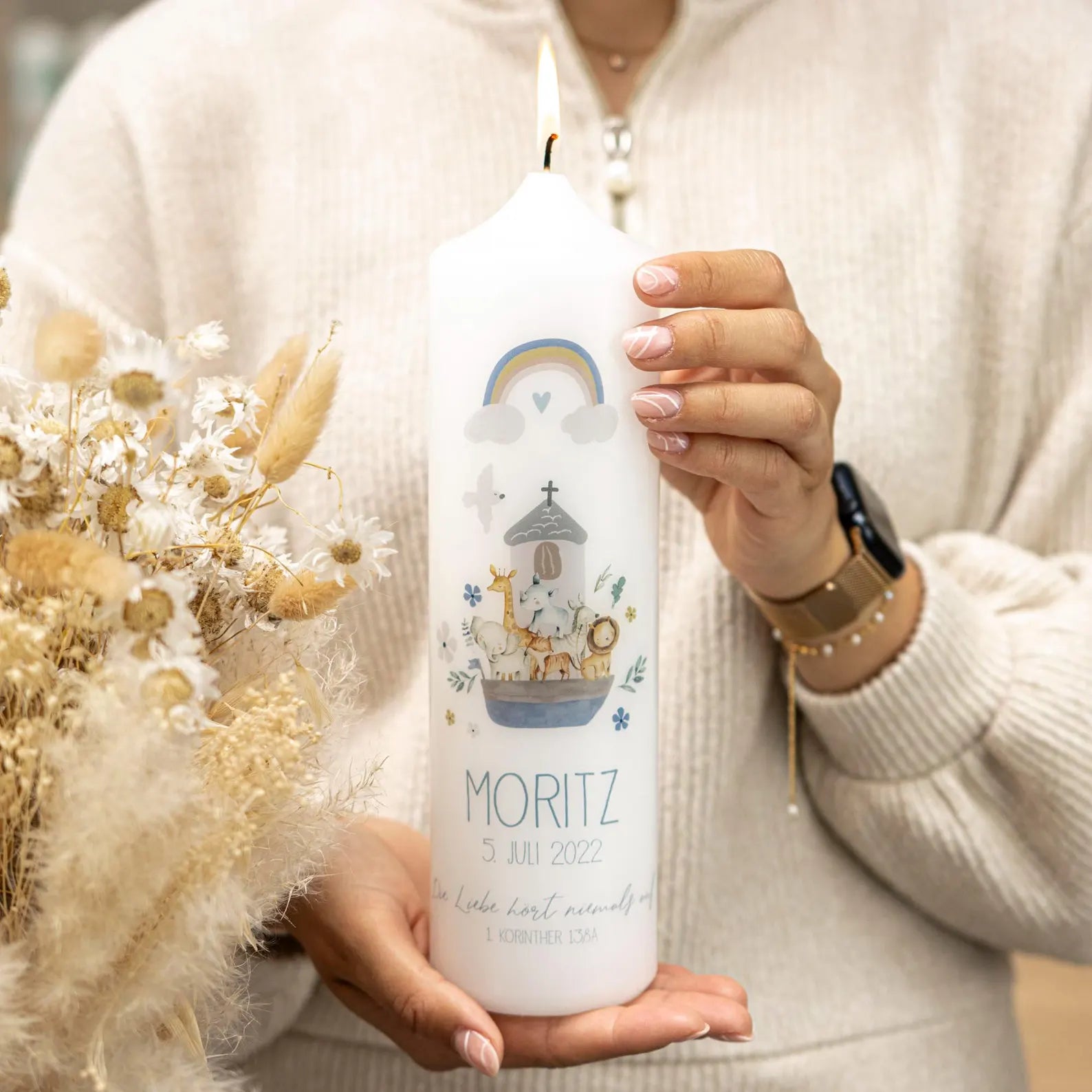 Bougie de baptême Arche de Noé personnalisée