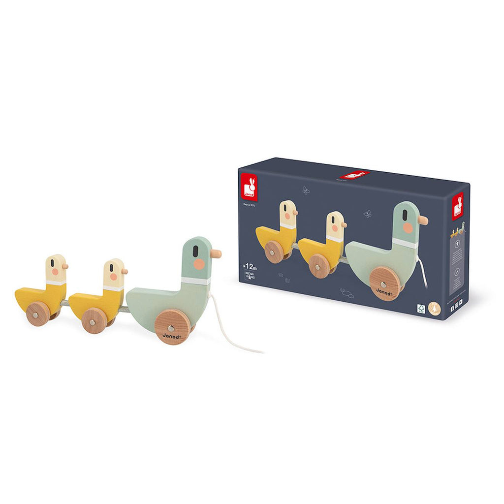 Jeu à tirer en bois FSC, 3 canards vert/jaune