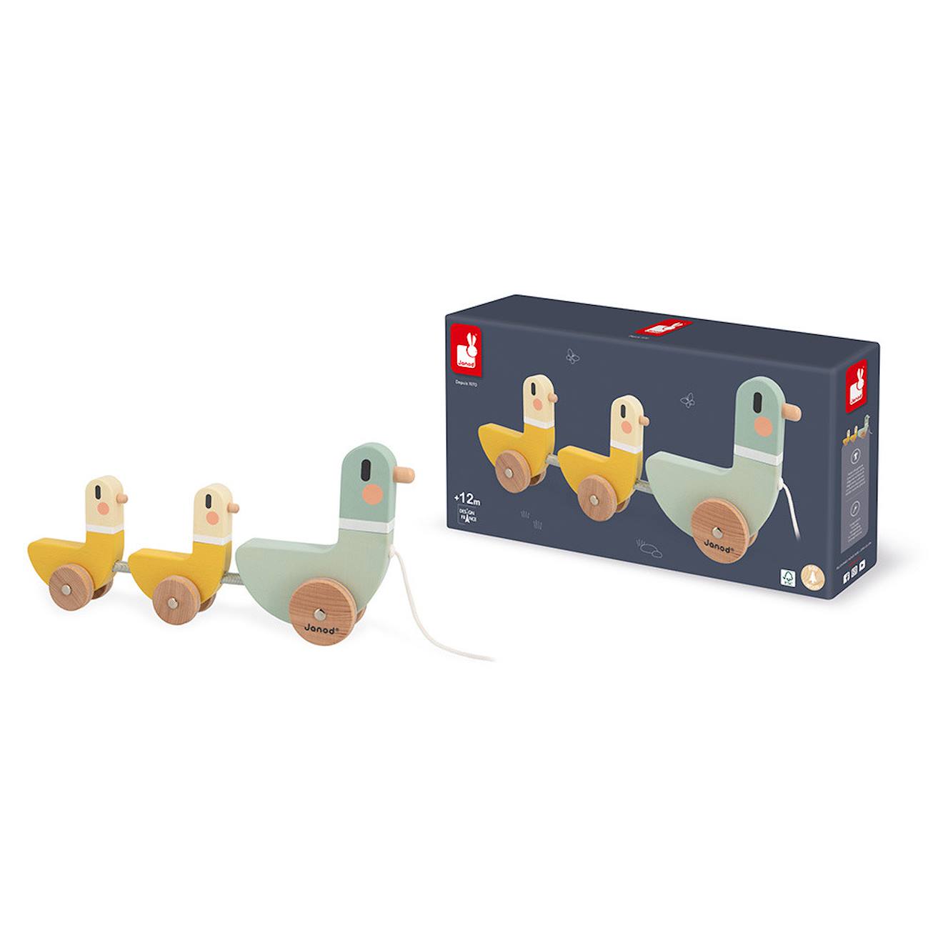 Jeu à tirer en bois FSC, 3 canards vert/jaune